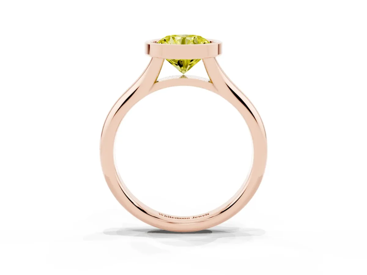 Fancy Yellow Bezel Set Round Cut Solitaire Diamond Ring with Smooth Band Rose gold