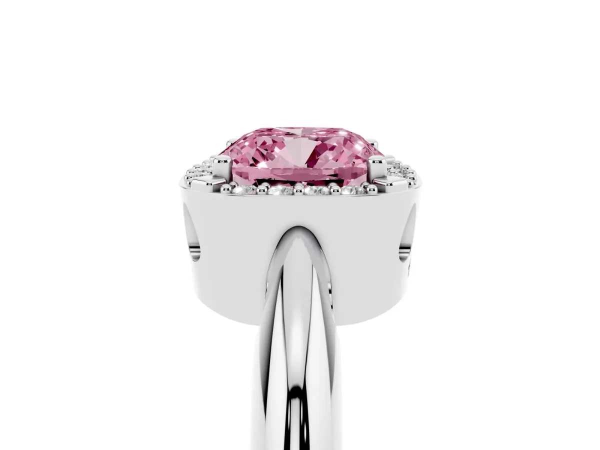 Fancy Pink Cushion Cut Cut Diamond Halo Engagement Ring with Split Shank and Four-Prong Setting Silver
