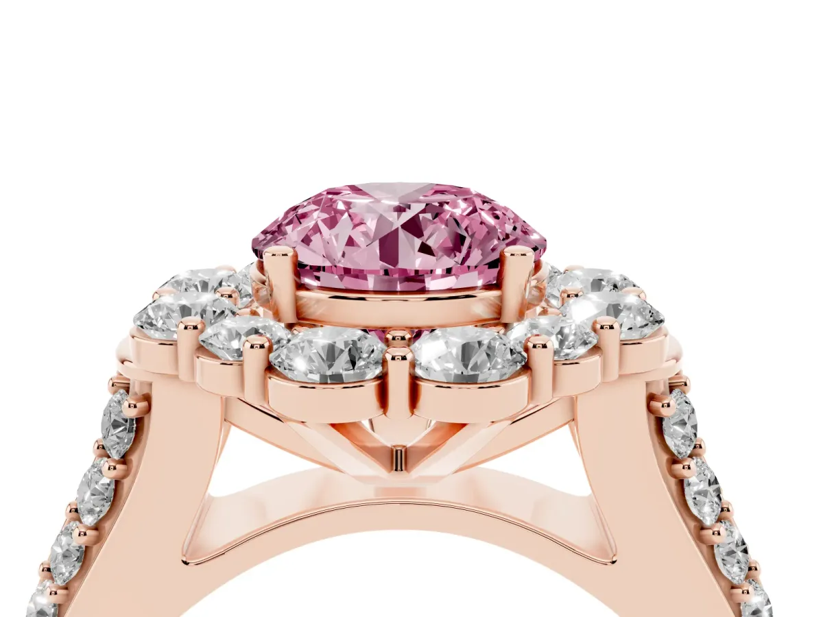 Fancy Pink Round Cut Halo Diamond Engagement Ring with Split Shank and Prong Setting Rose gold