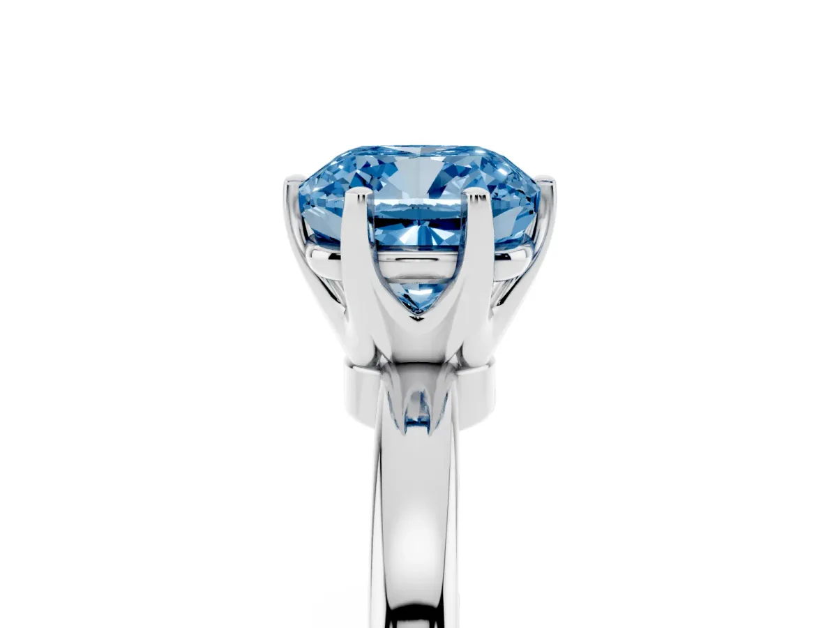 Fancy Blue Cushion Cut Solitaire Diamond Ring with Six-Prong Setting on a Classic Band Platinum