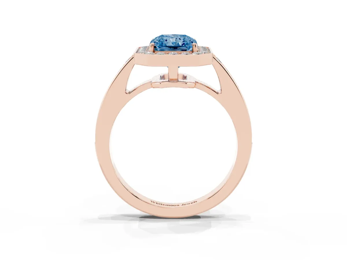 Fancy Blue Radiant Cut Halo Pavé Diamond Engagement Ring with Bezel Setting Rose gold