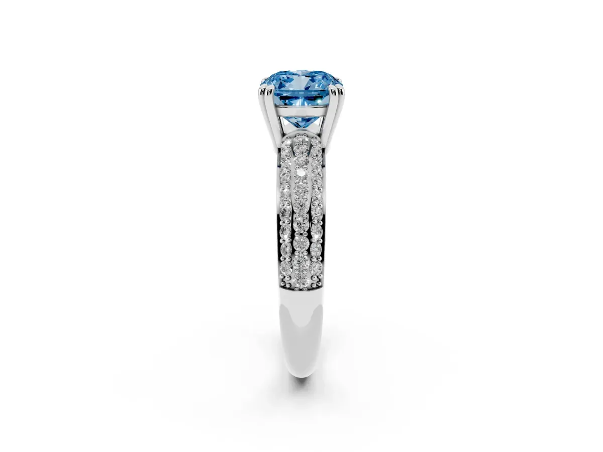 Fancy Blue Cushion Cut Diamond Solitaire Ring with Multi-Row Round Pavé Band and Prong Setting Silver