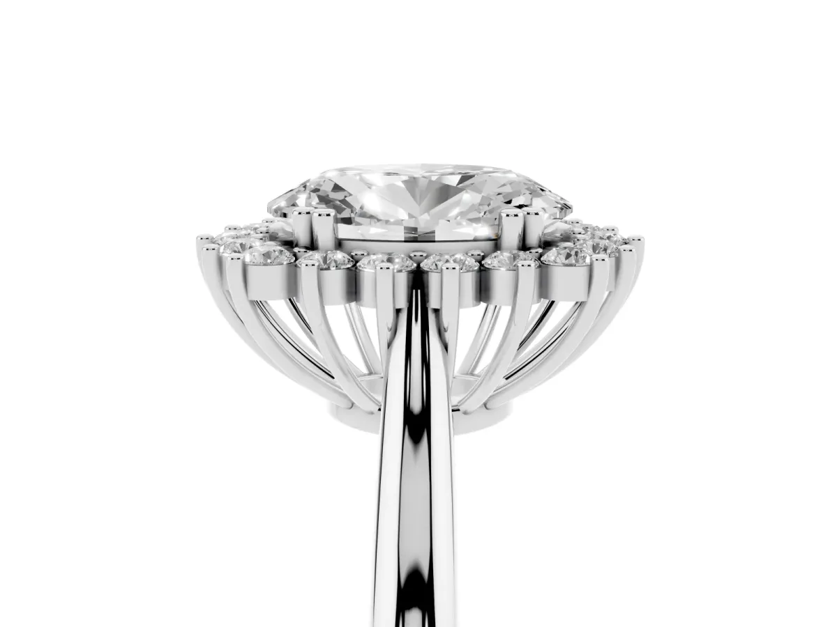 Oval Cut Cut Diamond Halo Ring with Solitaire Band and Prong Setting Silver
