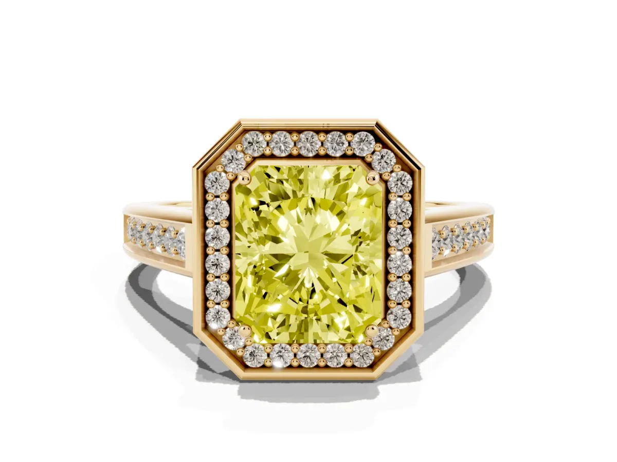 Fancy Yellow Emerald Cut Halo Solitaire Diamond Ring with Pave Band and Bezel Setting Yellow gold