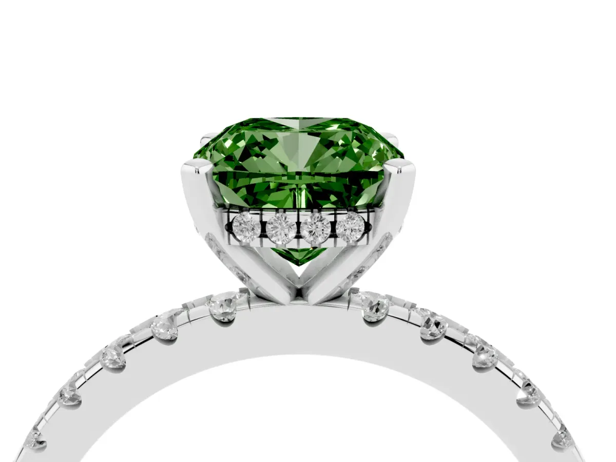 Fancy Green Cushion Cut Diamond Solitaire Ring with Round Pavé Band and Four-Prong Setting Silver
