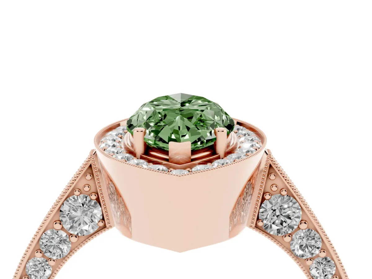 Fancy Green Marquise Cut Halo Diamond Engagement Ring with Split Shank Band and Four-Prong Setting Rose gold