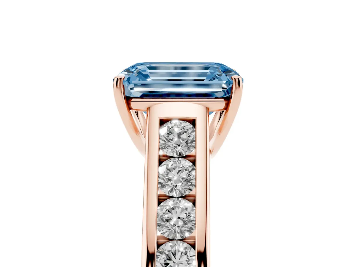 Fancy Blue Emerald Cut Solitaire Channel-Set Diamond Engagement Ring with Four-Prong Setting Rose gold