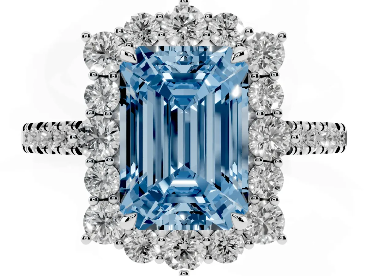 Fancy Blue Emerald Cut Halo Diamond Ring with Pavé Band and Prong Setting Silver