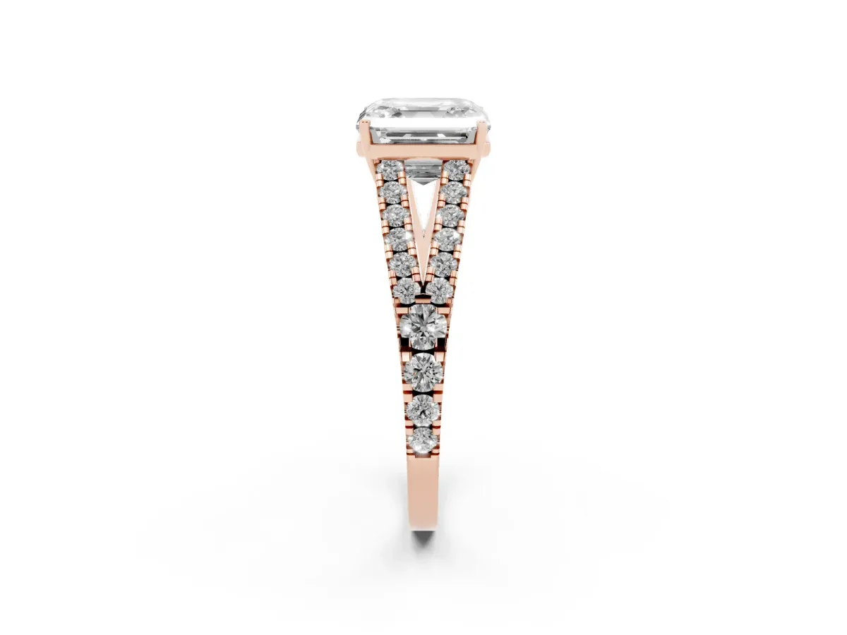 Asscher Cut Diamond Split Shank Pavé Engagement Ring with Four-Prong Setting Rose gold