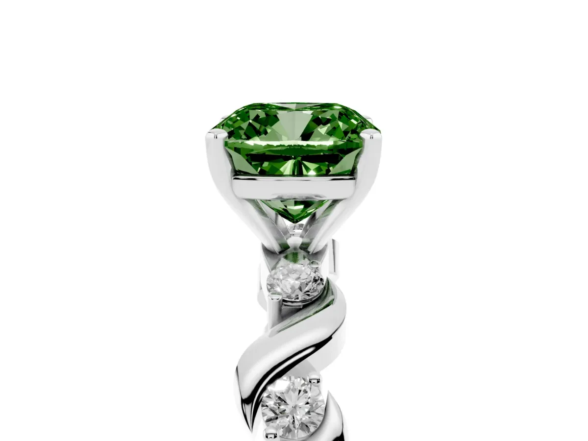 Fancy Green Cushion Cut Diamond Solitaire Twisted Band with Round Accents and Prong Setting Platinum