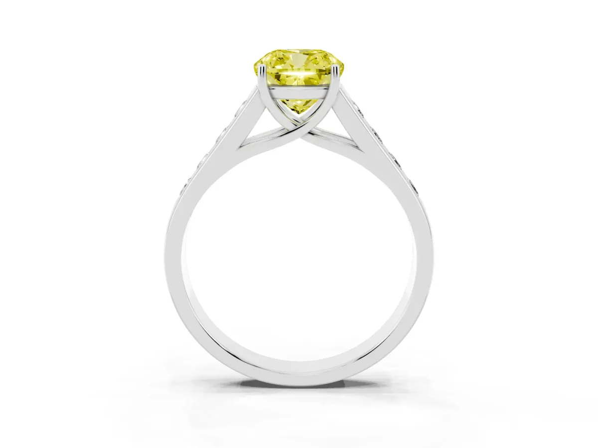 Fancy Yellow Cushion Cut Brilliant Channel-Set Solitaire Ring with Four-Prong Setting Platinum