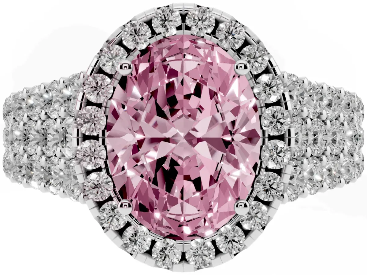 Fancy Pink Oval Cut Diamond Halo Engagement Ring with Triple Row Round Pavé Band and Prong Setting Platinum