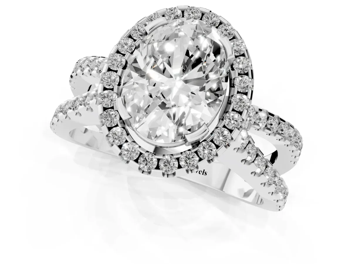 Oval Cut Diamond Halo Ring with Split Shank Pavé Band and Prong Setting Silver