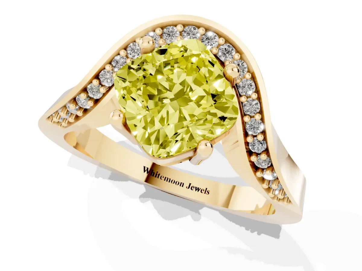 Fancy Yellow Cushion Cut Solitaire Diamond Engagement Ring with Pave Band and Four-Prong Setting Yellow gold