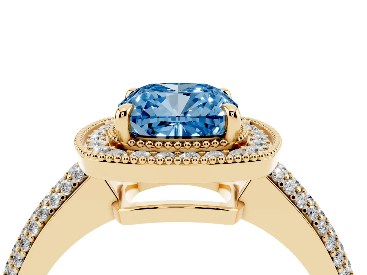 Fancy Blue Cushion Cut Cut Halo Diamond Pave Band with Four-Prong Setting Yellow gold