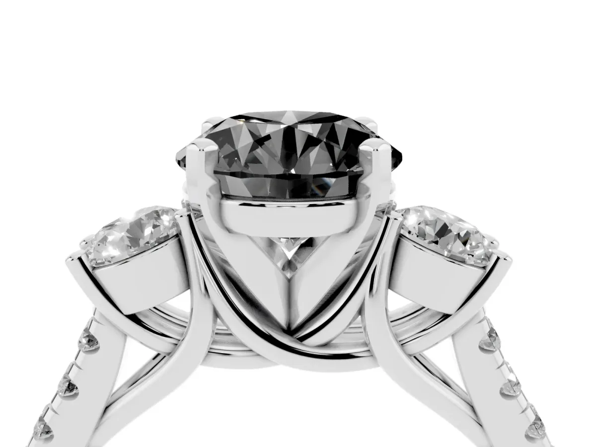Fancy Black Three-Stone Round Cut Diamond Pavé Band with Four-Prong Setting Silver