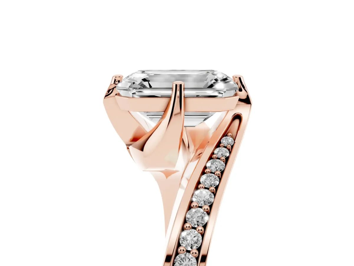 Emerald Cut Solitaire Diamond Twist Band with Pavé Setting and Four-Prong Setting Rose gold