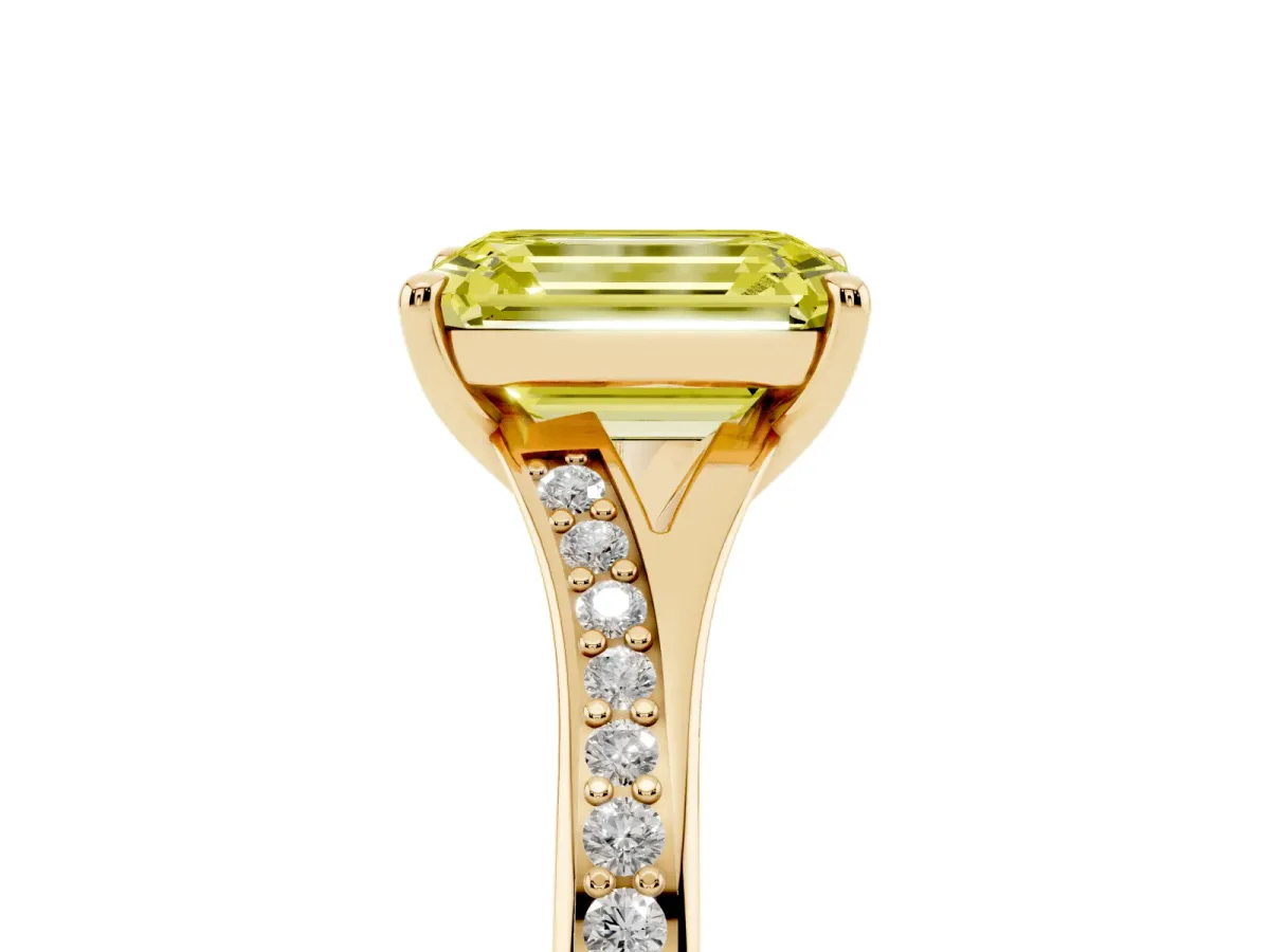 Fancy Yellow Emerald Cut Diamond Solitaire Ring with Pavé Band and Prong Setting Yellow gold