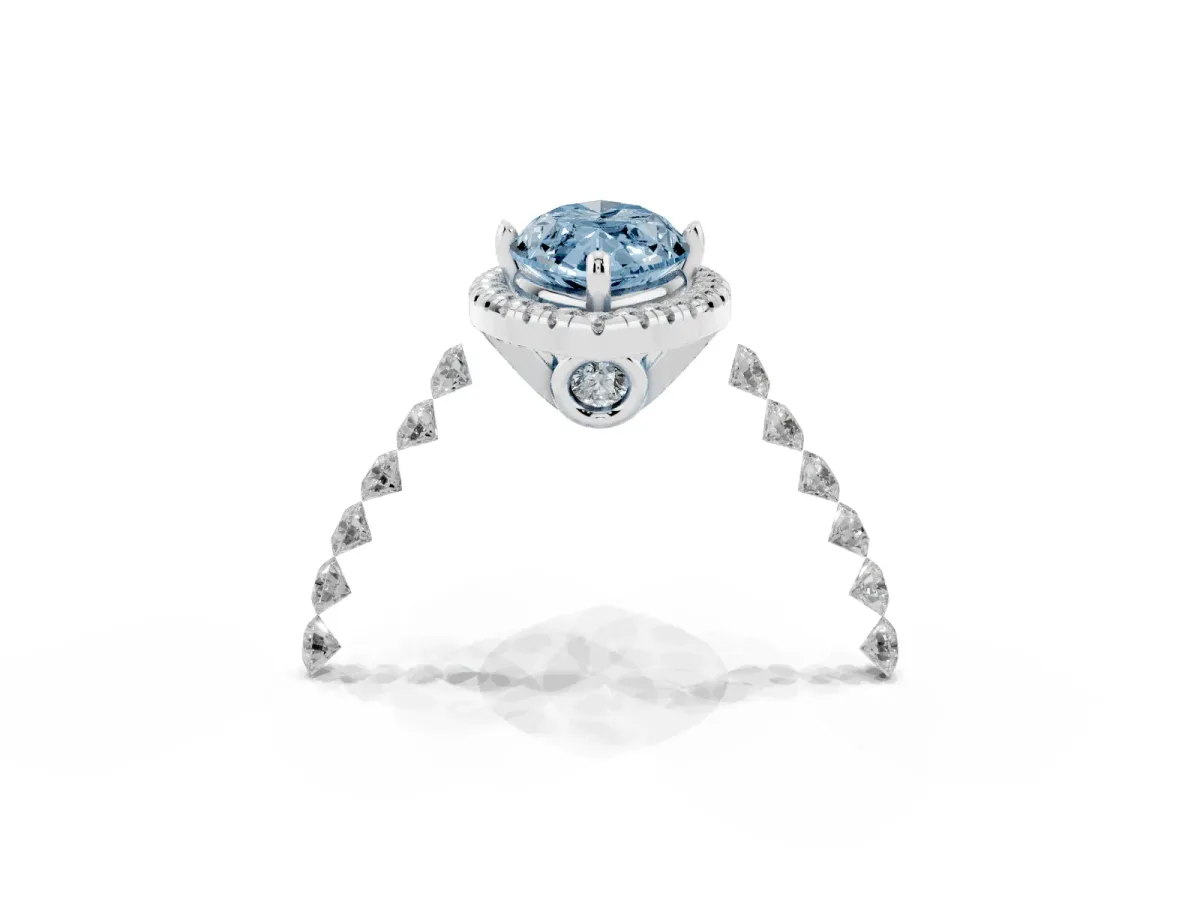 Fancy Blue Marquise Cut Halo Pavé Diamond Engagement Ring with Four-Prong Setting Platinum