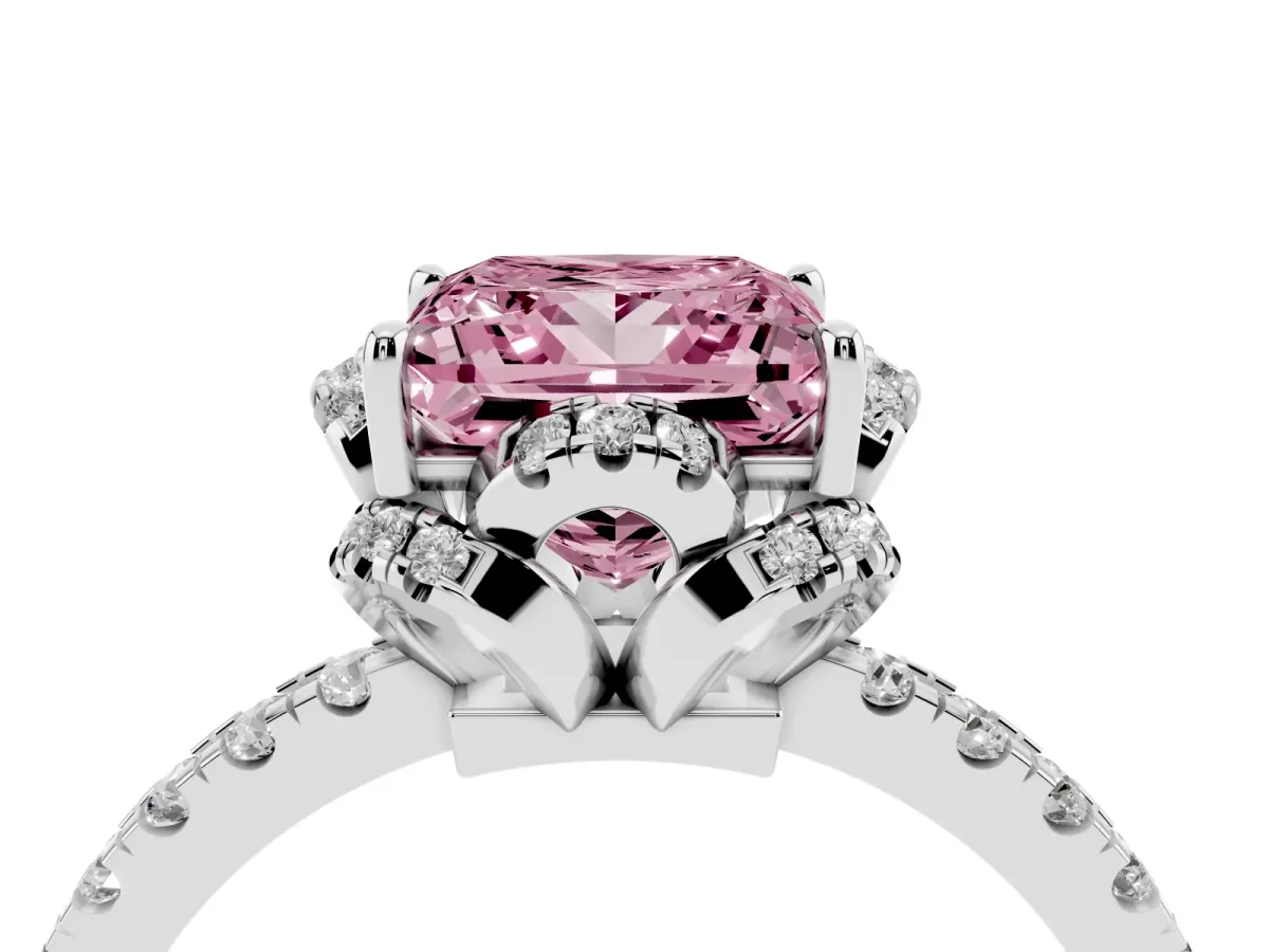 Fancy Pink Princess Cut Halo Diamond Pave Band Ring with Four-Prong Setting White gold