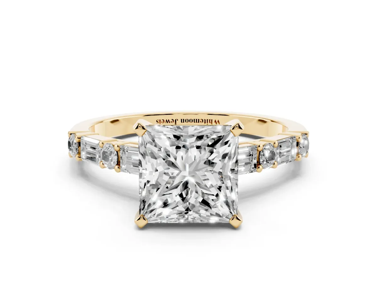 Princess Cut Diamond Solitaire with Side Baguettes and Channel Set Band Yellow gold