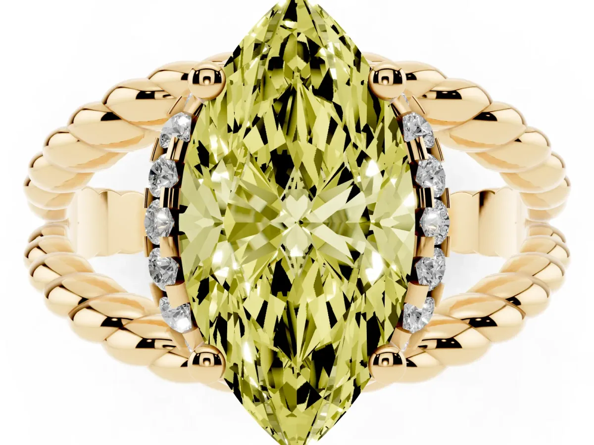 Fancy Yellow Marquise Cut Halo Twisted Band Four-Prong Ring Yellow gold