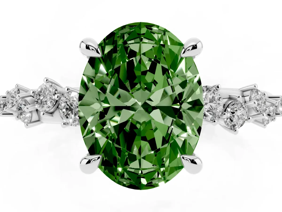 Fancy Green Oval Cut Cut Diamond Vine Band with Four-Prong Setting Platinum