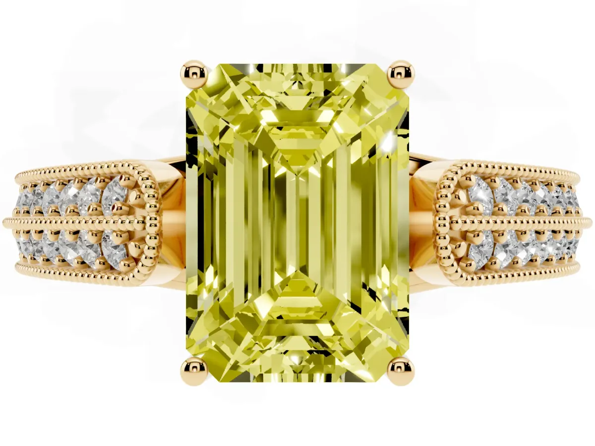 Fancy Yellow Emerald Cut Cut Pave Split Shank Engagement Ring with Four-Prong Setting Yellow gold