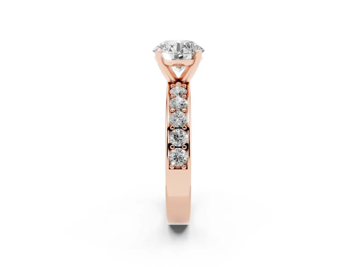 Round Cut Diamond Engagement Ring with Channel Set Round Band and Prong Setting Rose gold