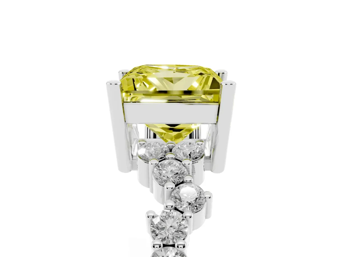 Fancy Yellow Princess Cut Diamond Scattered Round Accent Ring with Prong Setting Silver