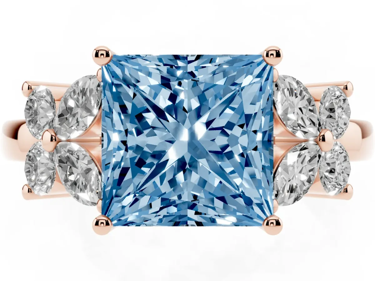 Fancy Blue Princess Cut Diamond Floral Cluster Ring with Solitaire Band and Prong Setting Rose gold