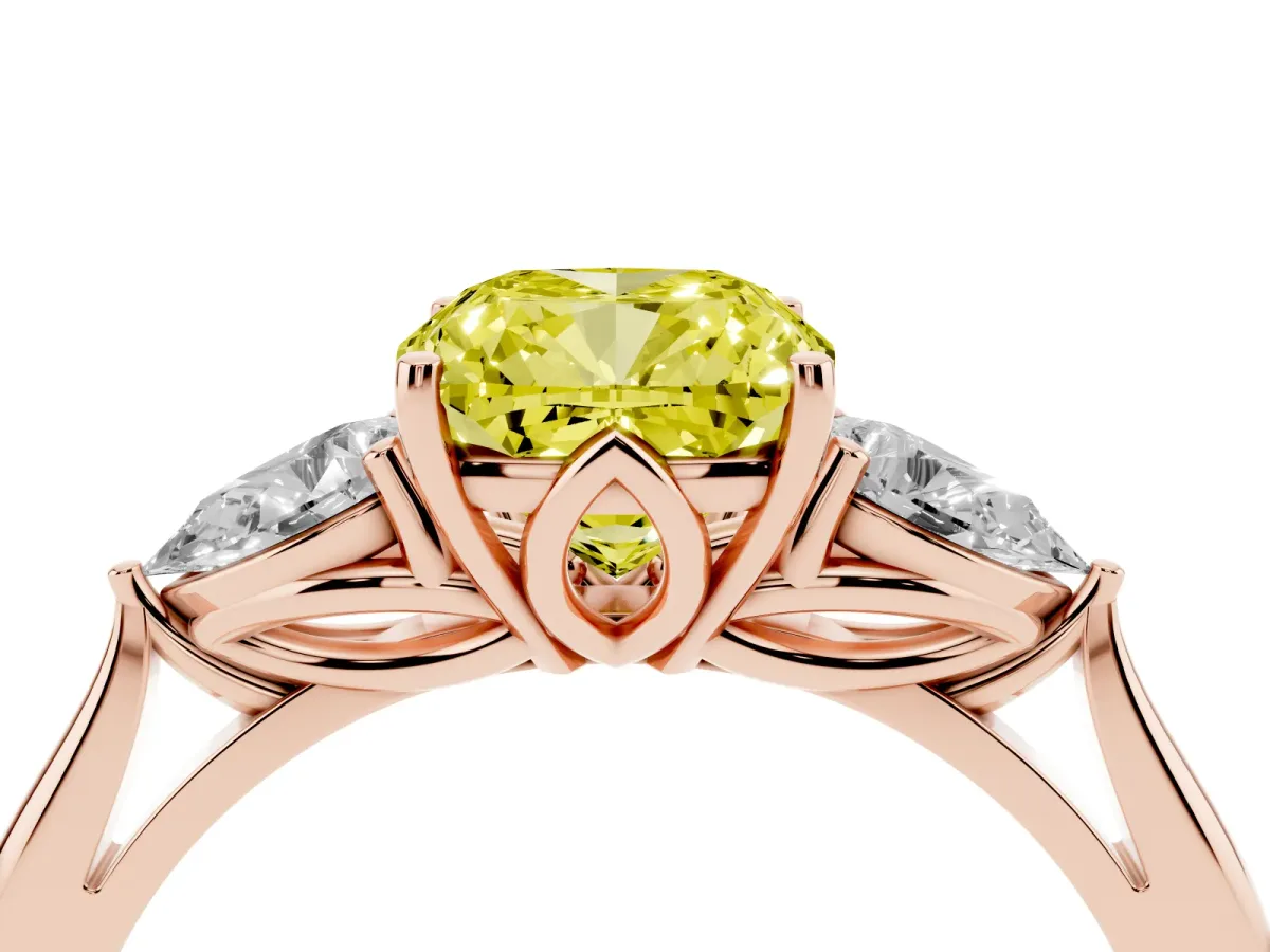 Fancy Yellow Cushion Cut Diamond Three-Stone Ring with Pear Side Stones and Prong Setting Rose gold