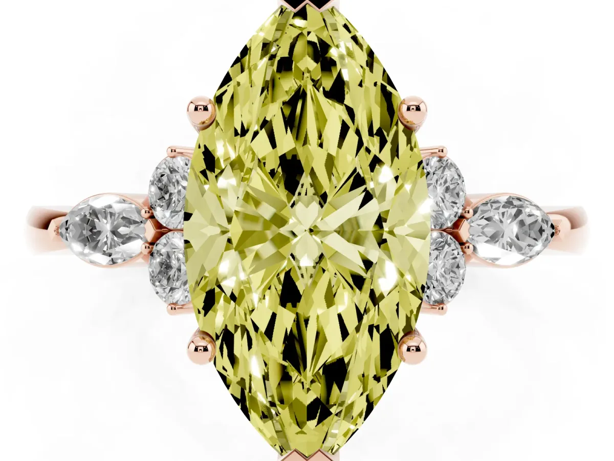 Fancy Yellow Marquise Cut Brilliant Diamond Solitaire Ring with Pear Side Stones and Four-Prong Setting Rose gold