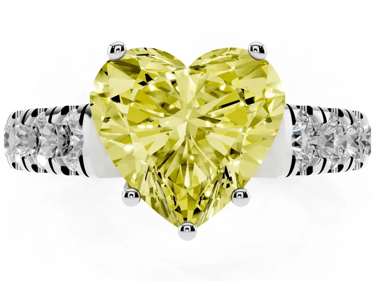 Fancy Yellow Heart Cut Cut Diamond Solitaire Ring with Micro Pave Band and Prong Setting Silver