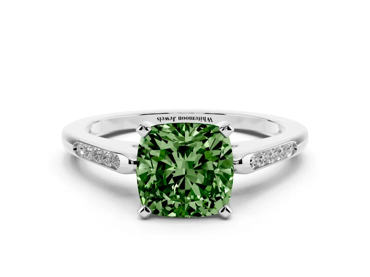 Fancy Green Cushion Cut Diamond Solitaire Ring with Channel Set Round Band and Prong Setting Silver