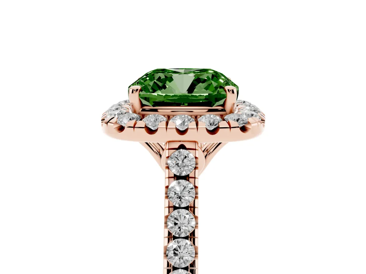 Fancy Green Cushion Cut Halo Pavé Diamond Engagement Ring with Four-Prong Setting Rose gold