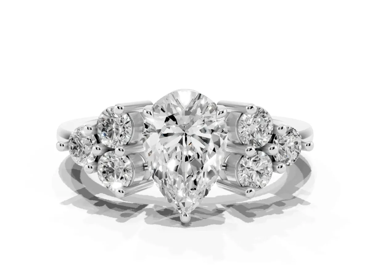 Pear Cut Brilliant Diamond Cluster Accent Solitaire Ring with Prong Setting Silver
