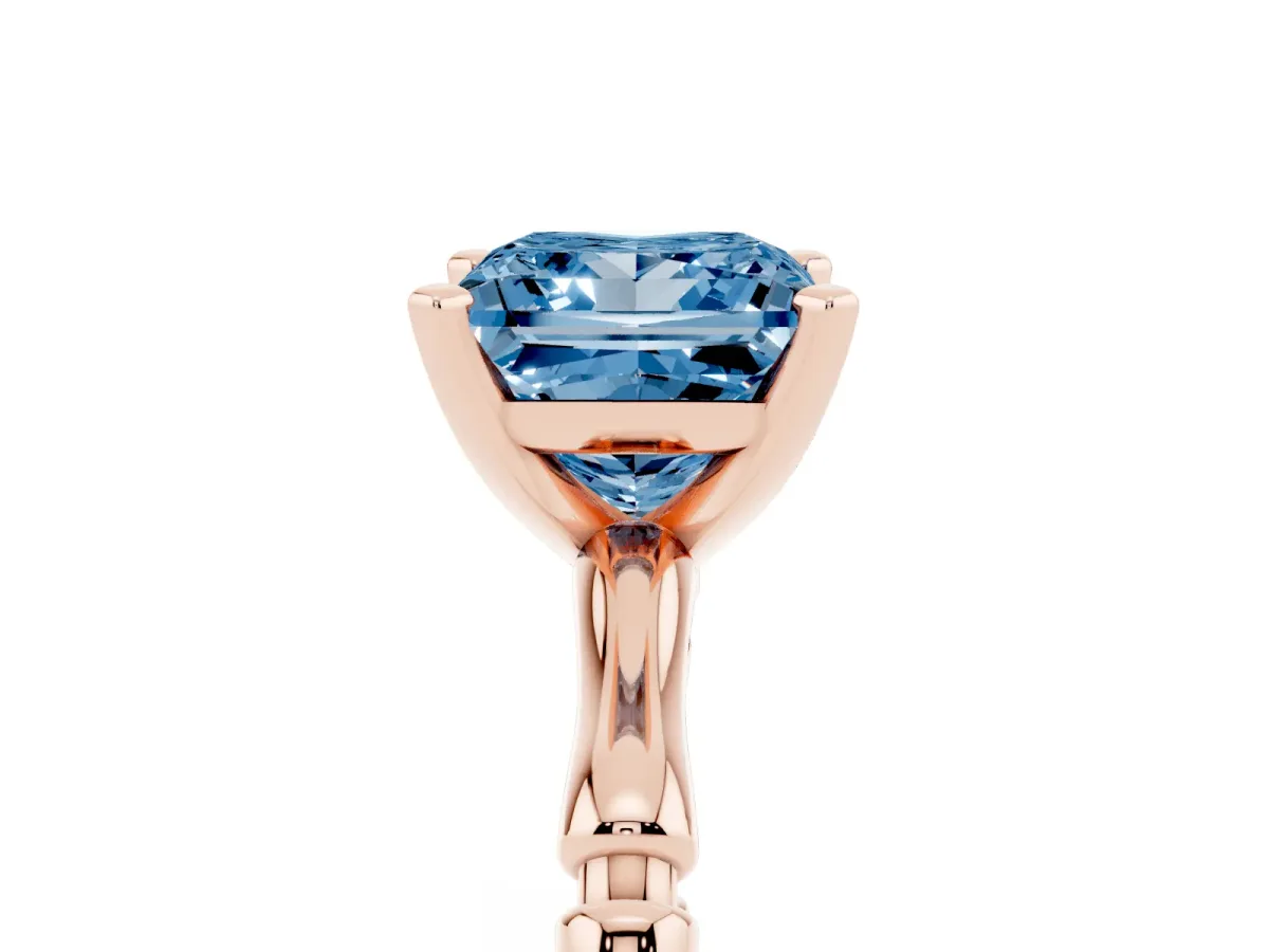 Fancy Blue Princess Cut Solitaire Diamond Ring with Bamboo Band and Four-Prong Setting Rose gold