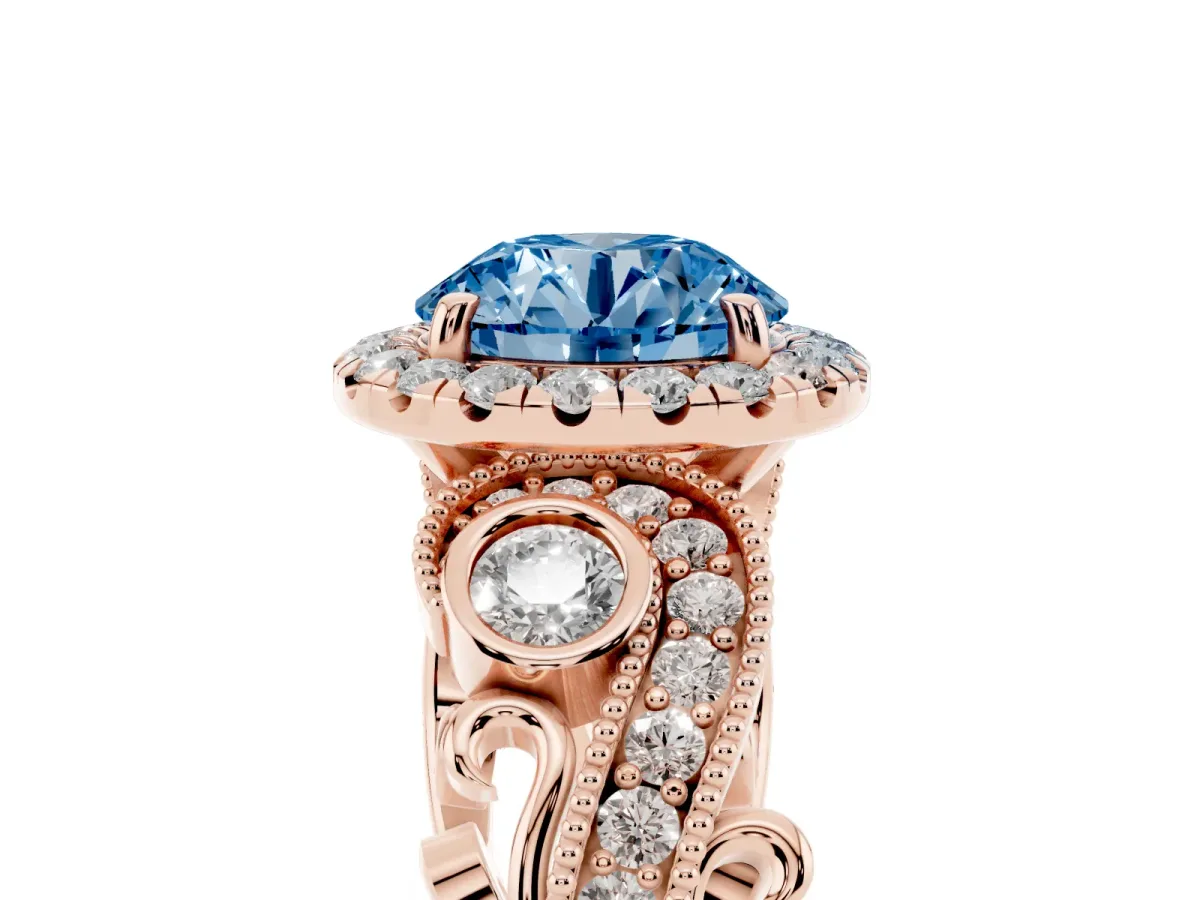 Fancy Blue Round Cut Halo Diamond Ring with Milgrain and Bezel Accents on a Split Shank Band Rose gold