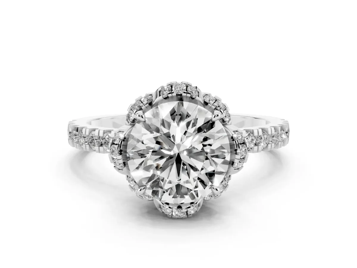 Round Cut Diamond Halo Pave Band with Four-Prong Setting Silver