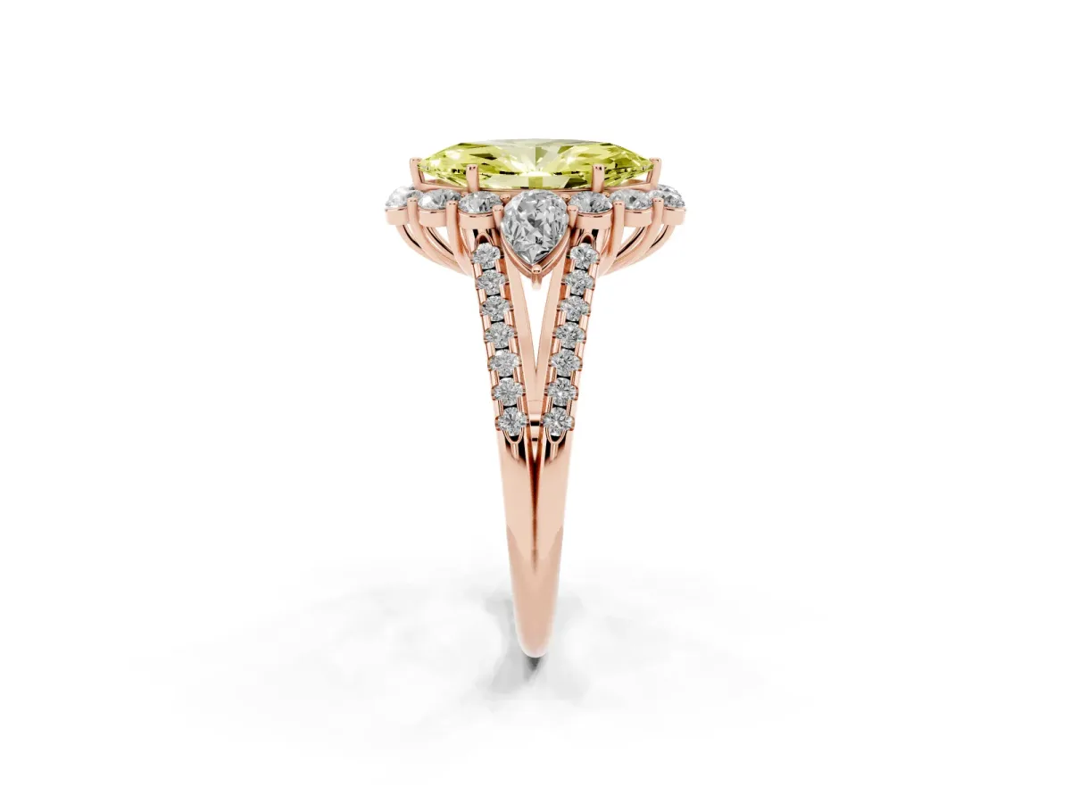 Fancy Yellow Marquise Cut Halo Split Shank Diamond Engagement Ring with Prong Setting Rose gold