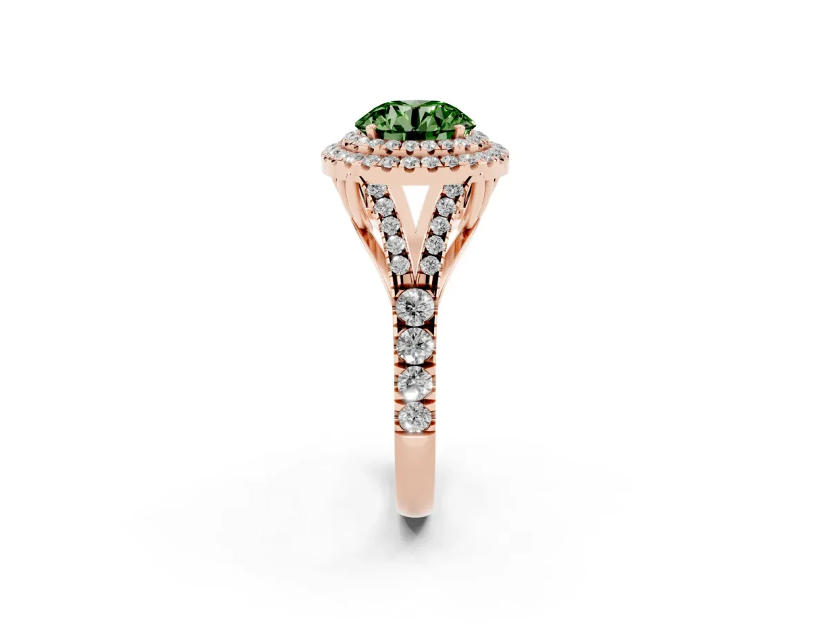 Fancy Green Round Cut Diamond Pavé Split Shank Double Halo Engagement Ring Rose gold