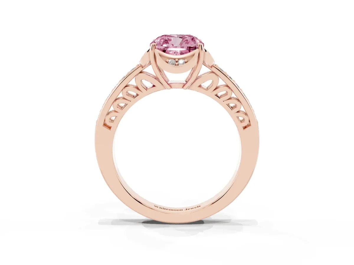 Fancy Pink Cushion Cut Cut Halo Diamond Ring with Channel Set Band and Four-Prong Setting Rose gold