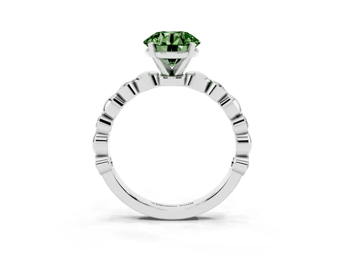 Fancy Green Round Cut Solitaire Bezel-Set Diamond Ring with Beaded Band and Four-Prong Setting Silver