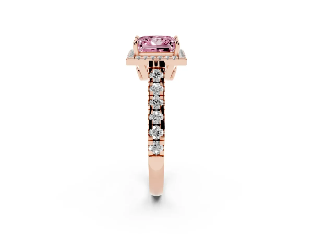 Fancy Pink Princess Cut Halo Pavé Diamond Engagement Ring with Four-Prong Setting Rose gold