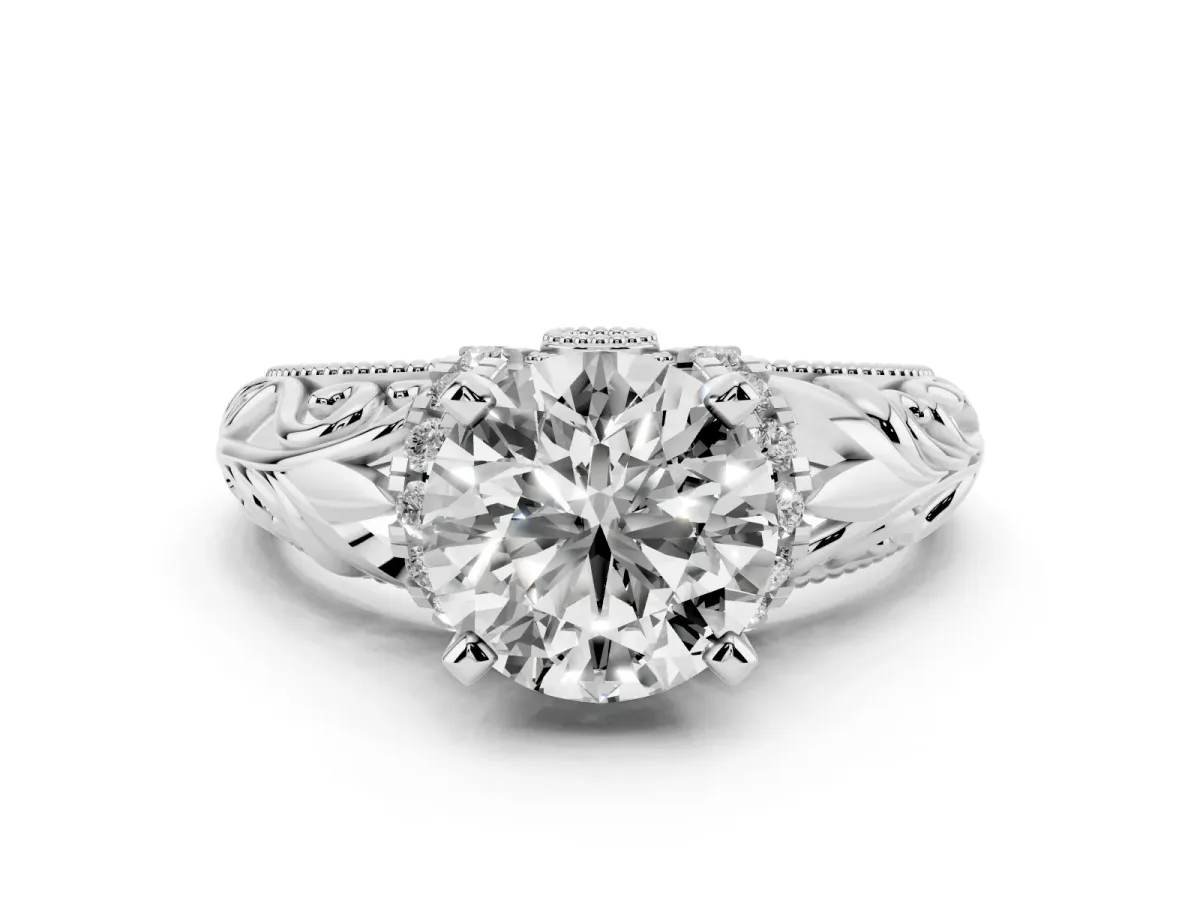Round Cut Solitaire Filigree Engagement Ring with Halo and Prong Setting Platinum
