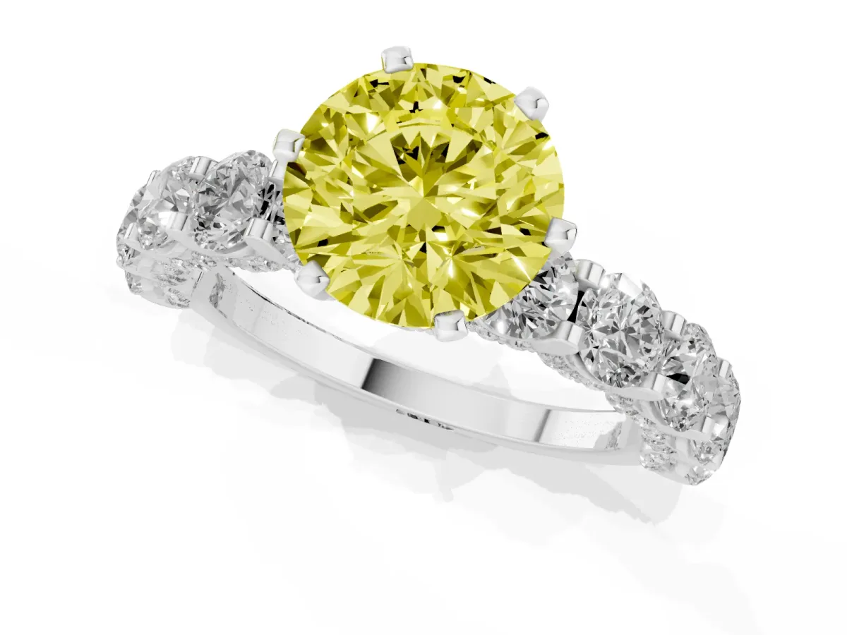 Fancy Yellow Round Cut Diamond Side Stone Engagement Ring with Four-Prong Setting Platinum