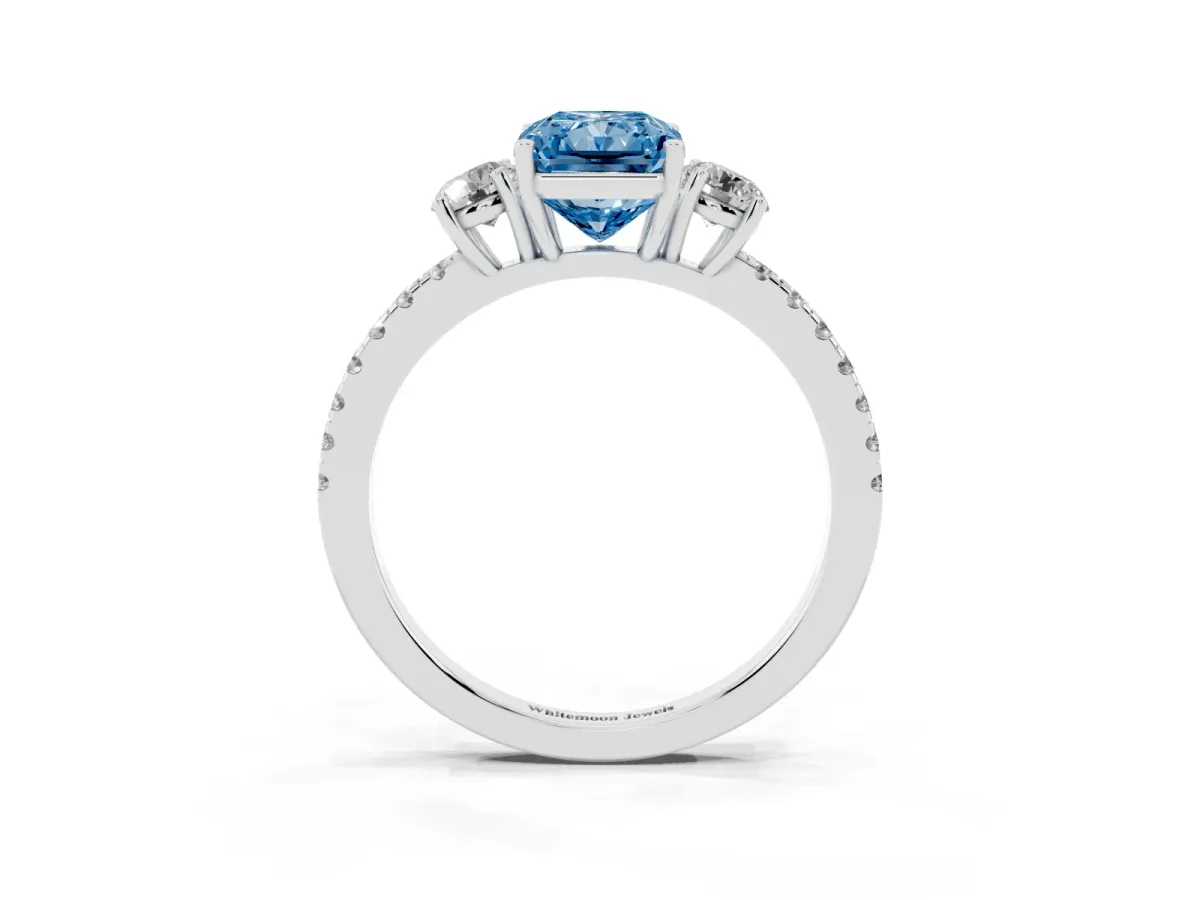 Fancy Blue Three-Stone Radiant Cut Cut Diamond Pavé Band with Prong Setting Platinum