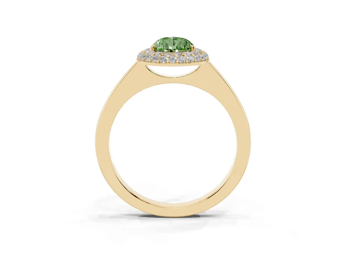 Fancy Green Pear Cut Halo Diamond Engagement Ring with Solitaire Band and Four-Prong Setting Yellow gold