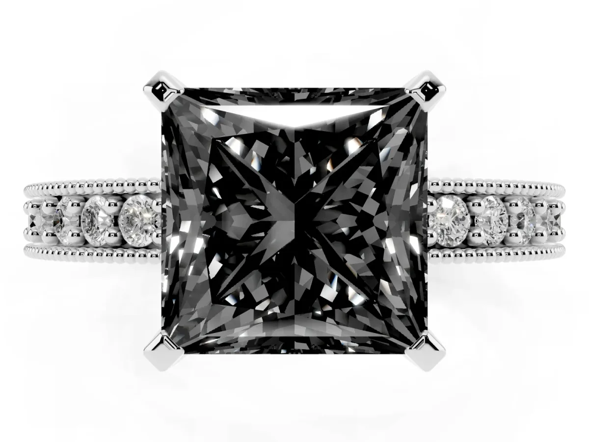 Fancy Black Princess Cut Diamond Milgrain Pavé Engagement Ring with Four-Prong Setting Silver
